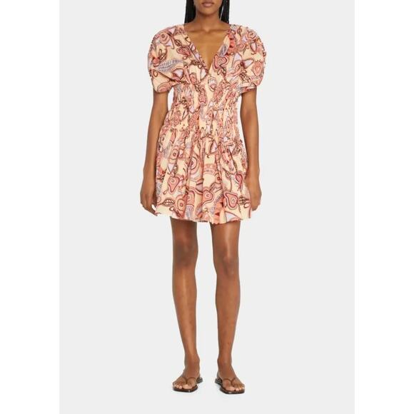 NWT A.L.C. Luna Mini Dress Smocked Ruched Ruffle ALC V-Neck Paisley Print sz S 4 - Picture 13 of 15